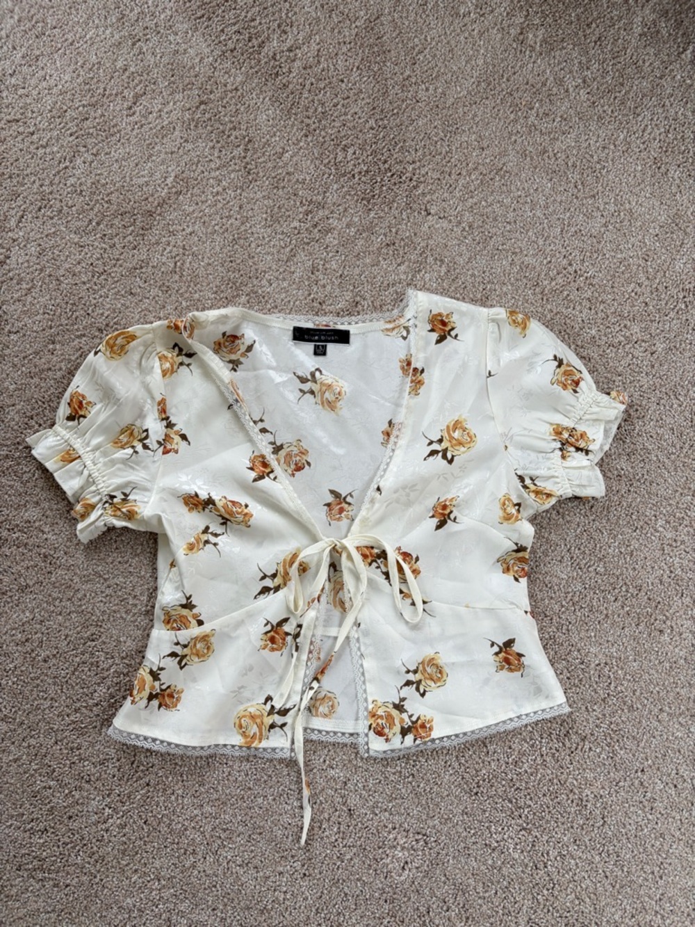 Blue Blush Floral Tie-Front Puff Sleeve Top - Cream with Mustard Rose Print